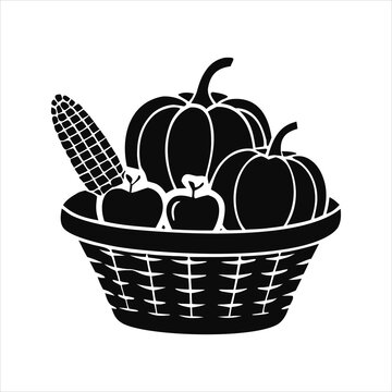 Harvest basket filled with pumpkins corn and apples autumn silhouette, vegetable