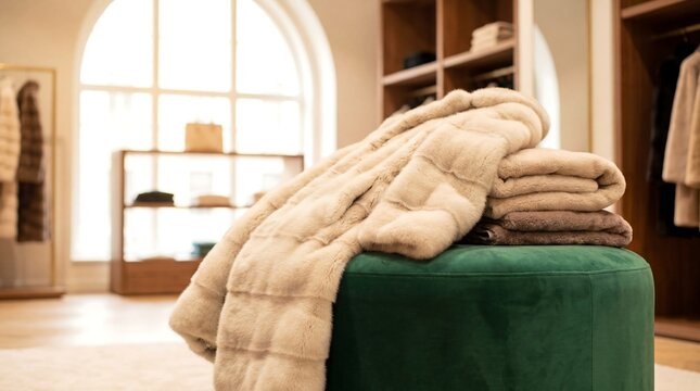 Elegant Beige Fur Coat Draped on Green Velvet Ottoman in Luxury Boutique Interior