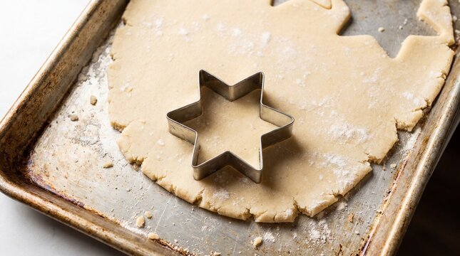 Star shaped metal cookie cutter pressing into raw dough on a rustic baking sheet for holiday treats