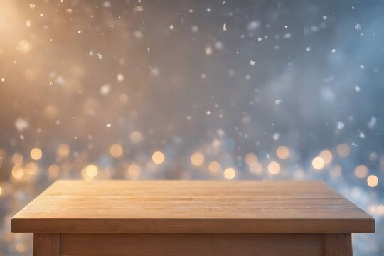 wooden table with soft snow bokeh for perfect sale background