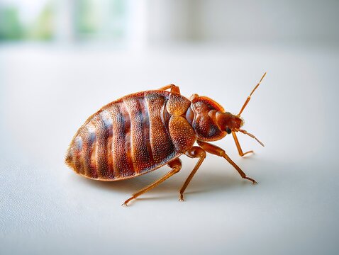Macro close-up of a bed bug on a clean surface, symbolizing pest infestation, hygiene risks, hotel safety concerns, hidden threats, and sanitation issues.