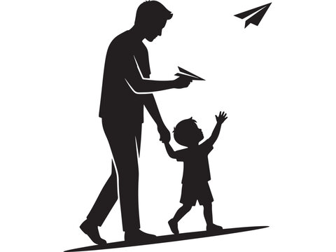 Father and Child Playfully Launch a Paper Airplane, Symbolizing Connection and Joyful Family Moments. with Silhouette