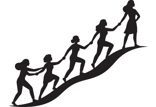Silhouette of Women Supporting Each Other, Climbing a Hill Together. Teamwork and Collaboration Concept Illustration.