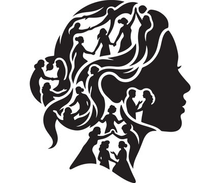 Human Head Silhouette with Figures Inside, Illustrating Community, Connection, and Shared Experiences. Conceptual Design for Unity
