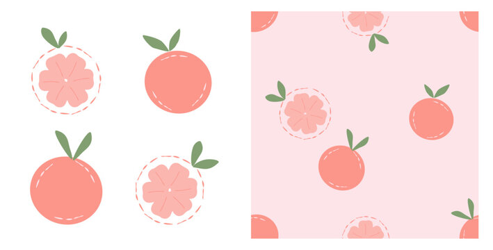Cute seamless grapefruit pattern featuring whole and sliced grapefruits with green leaves on a soft pastel pink background in hand drawn flat vector style.