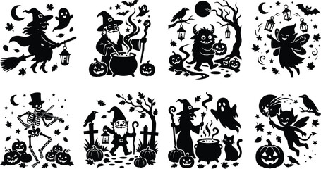 Obraz premium Halloween Witch and Fantasy Character Silhouette Collection with Spooky Magical Scene Elements
