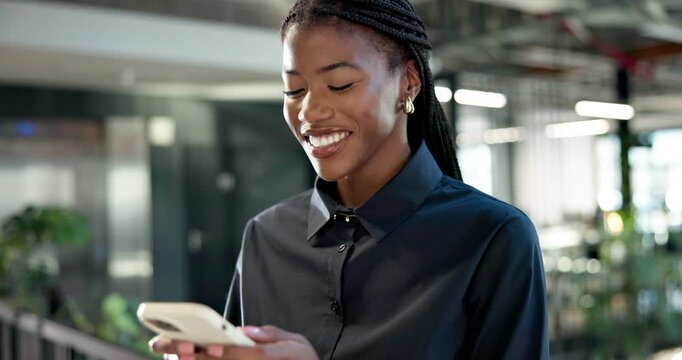 Laugh, texting or black woman in agency with phone, online communication or comic post on chat app. Happy, digital and employee in office with tech, funny message and business meme on social media.