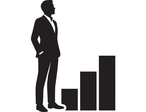 Man in Suit Standing Before Rising Bar Graph Illustration. Business Growth Concept with Upward Trend and Success.