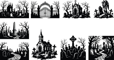 Fototapeta premium Haunted Cemetery Silhouette Collection Vector Set with Gothic Graveyard Halloween Scenes