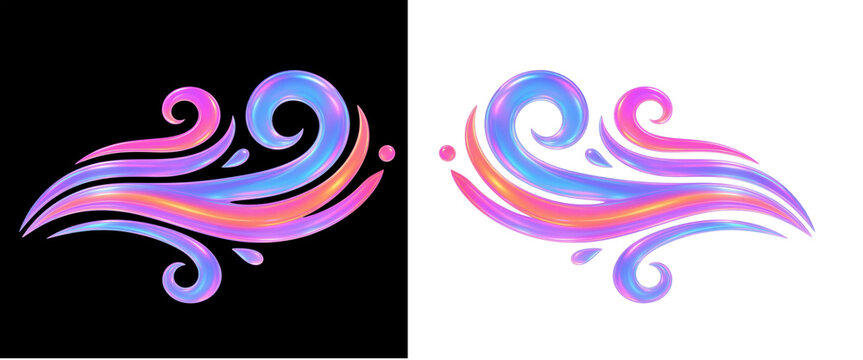 3D holographic colorful gradient decorative floral swirls isolated on transparent