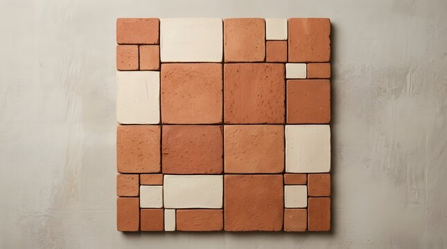Geometric terra cotta and cream ceramic tile composition arranged in a clean square pattern with rustic handmade clay textures