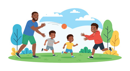 Father and sons playing basketball in a scenic vector illustration