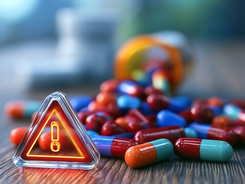 Red warning sign and spilled colorful pills, symbolizing medication risks, drug overdose, healthcare crisis, addiction, and dangerous side effects.
