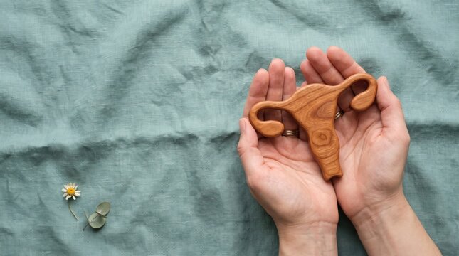 woman holding wooden uterus symbol with flowers