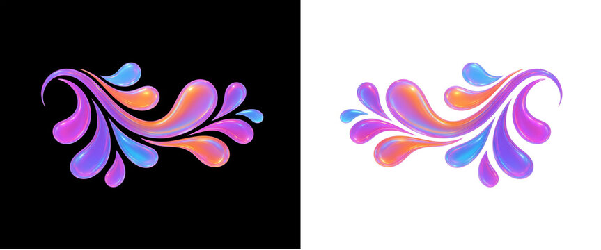 3D holographic colorful gradient water splash drops isolated on transparent