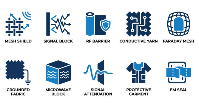 Set of electromagnetic shielding and radio frequency blocking technology icons for electronic protection Minimal solid fill icon set bundle collection. Editable Vector Illustration Mega pack