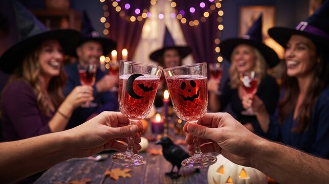 Friends in witch hats cheering with Halloween-themed drinks