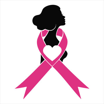 Woman silhouette pink ribbon heart breast cancer awareness with silhouette