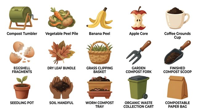 Comprehensive visual guide showcasing diverse organic waste materials and essential tools for sustainable home composting and eco-friendly gardening practices