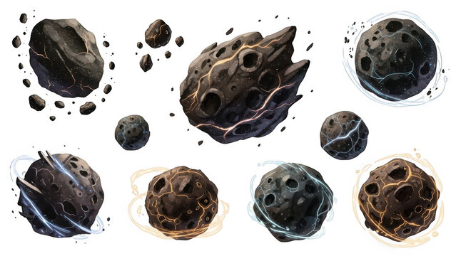Set of isolated asteroids and space rocks with craters on a white background