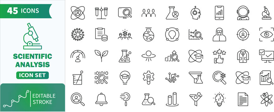 Scientific analysis and research line icon set. Collection of science, laboratory, experiment, and data analysis vector icons