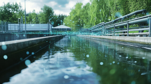 Modern irrigation canal with automated water flow control for sustainable agriculture