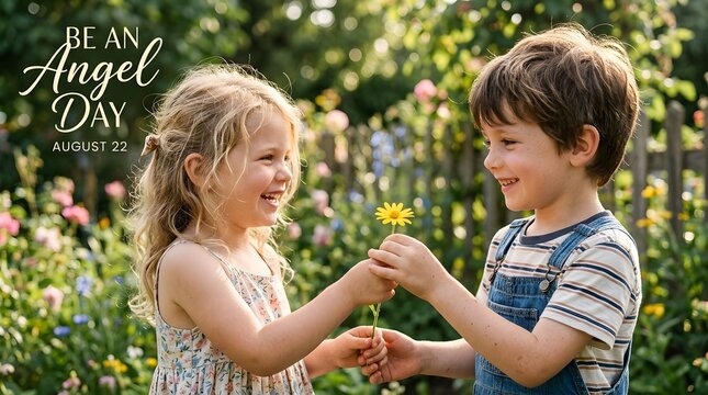 Children giving yellow flower in garden for be an angel day with children