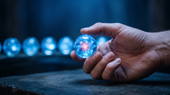 A human hand holding a glowing blue energy orb with multiple similar spheres in the blurry background