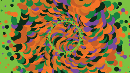 Fototapeta premium Dynamic spiral composition featuring assorted circular spheres in orange green and purple colors creates vibrant psychedelic swirling vortex motion.
