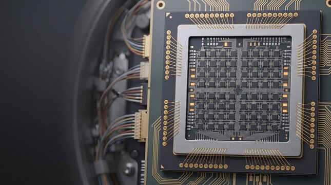 Superconducting quantum qubit processor semiconductor 3D illustration with copy space