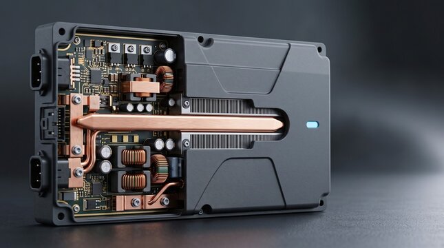 EV onboard charger OBC power converter module 3D illustration with copy space