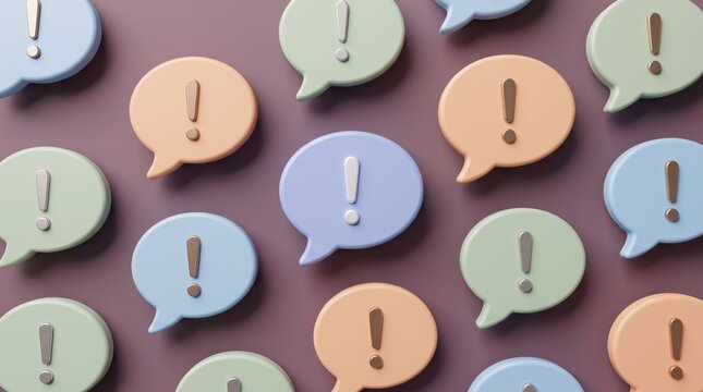 Colorful speech bubbles with exclamation marks on purple background