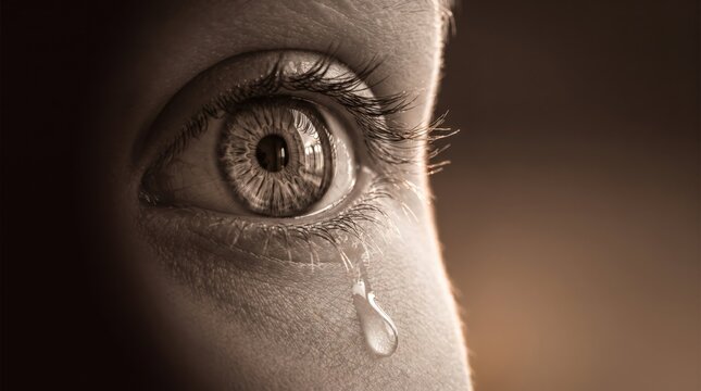 Sad woman's eye with a single tear dropping down
