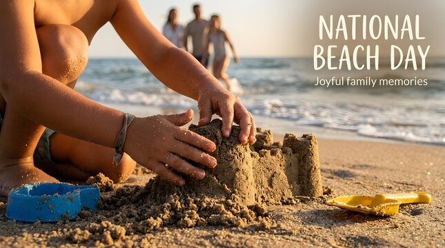 Child building sandcastle on the beach during national beach day holiday