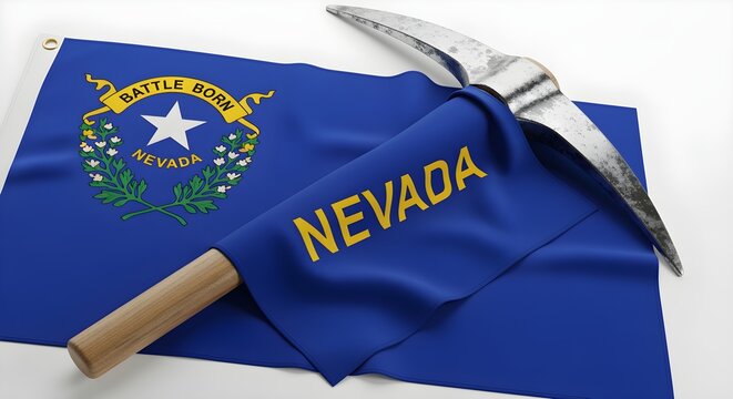 Nevada state flag (blue with a star) draped over a silver mining pick, on white.