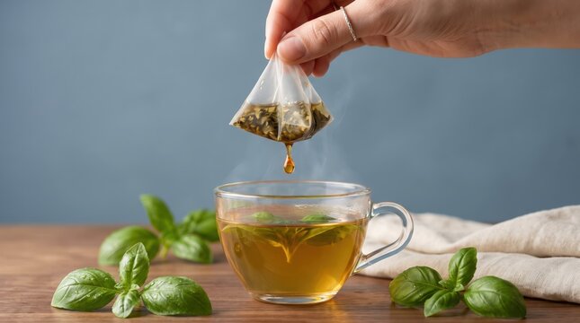 Steaming cup of herbal tea with basil leaves on wooden table