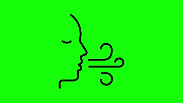 Minimalist black line icon animation of a human profile breathing air flow on a bright green screen background