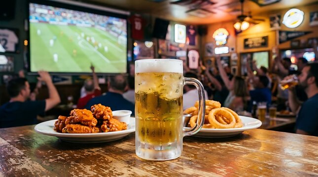 A noisy sports bar with delectable pub fare like chicken wings and onion rings, a cool glass of lager beer on a wooden table and a blurry large screen displaying a football match