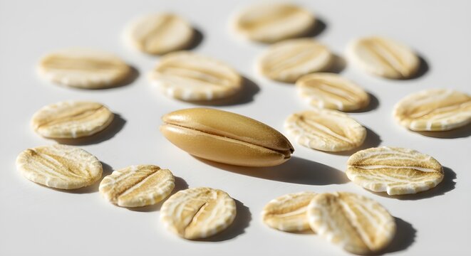 A single oat groat and a few rolled oats scattered on a white surface.
