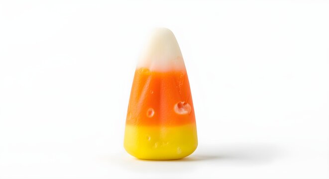 Piece of candy corn standing upright on its white end, on a white background.