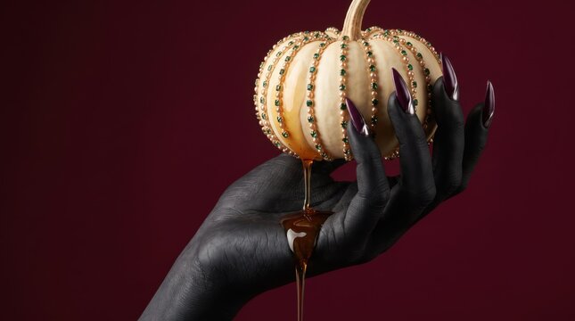 Luxury Halloween pumpkin decorated with jewels and caramel