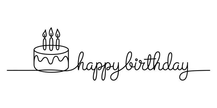 Happy birthday text with a cake drawing in a continuous single line art