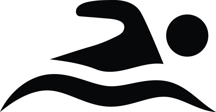 Black swimmer silhouette icon isolated on white background. This flat pictogram represents water sports and fitness. Use this swimming graphic for pool signs and recreation designs.