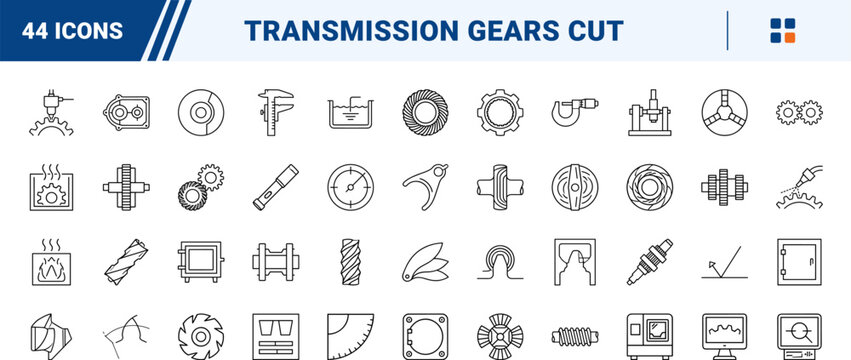 Transmission Gears Cut line icon set. Vector pictograms of gear cutting, gear types, transmission components, and inspection tools elements, thin linear illustration.