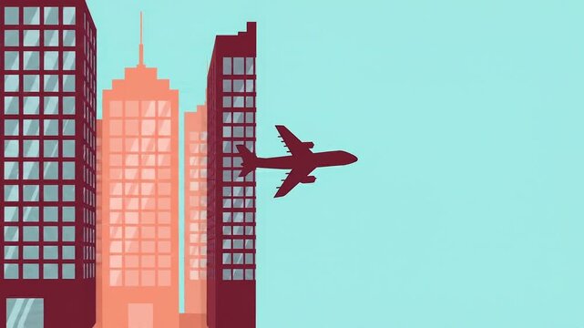 Flat Vector Airplane Flying Past City Skyscraper Buildings Travel Air Transport Modern Urban Skyline Motion Graphics