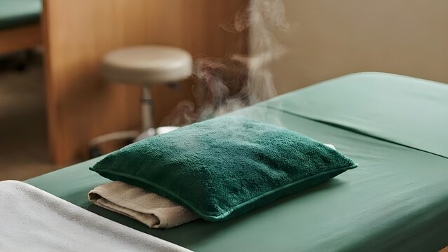 마사지 베드 위에서 따뜻한 김이 모락모락 피어오르는 초록색 테라피 찜질 팩
Green therapy heating pad with warm steam rising on a massage treatment bed