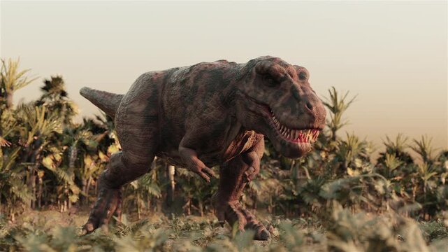 3d animation of  Tyrannosaurus Rex roaring with open mouth in prehistoric jungle environment. Giant carnivore dinosaur hunting among wild ferns and ancient flora in cretaceous background