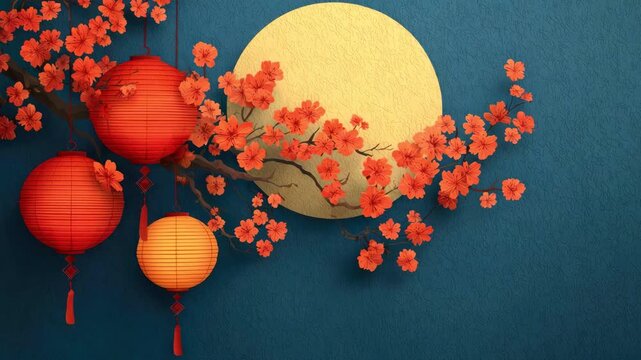 A colorful card with traditional Asian paper lanterns, a branch of cherry blossoms and a full moon. The concept of Eastern holidays and festivals