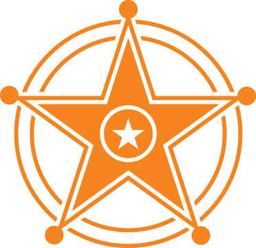 Orange sheriff badge vector illustration isolated on white. This flat five pointed star emblem represents law enforcement. Use this premium quality award icon for western designs.