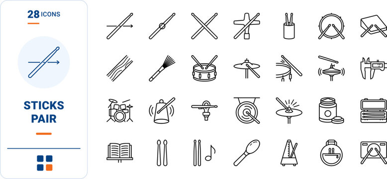 Drum Sticks Pair line icon set. Vector pictograms of percussion, drumsticks, drumming, and musical elements, thin linear illustration.